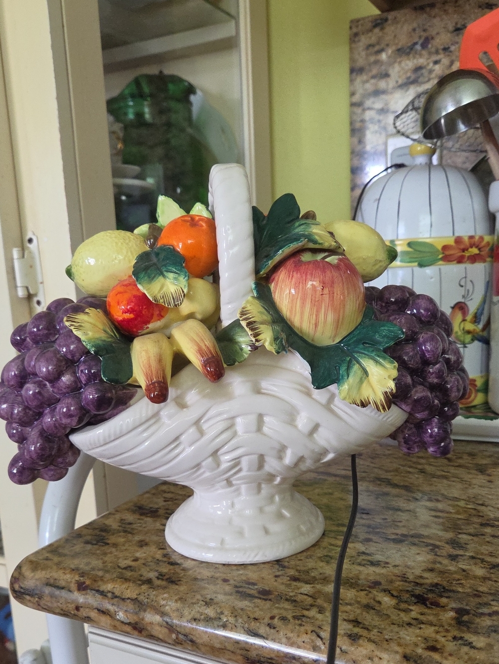 Majolica Fruit Basket Centerpiece - White Basket with Multicolor Fruit